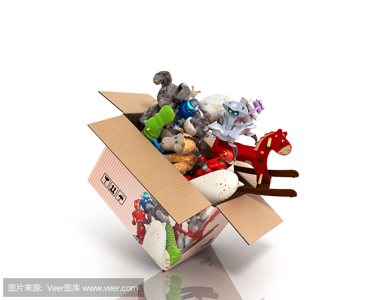 产品类别的概念玩具飞出盒子3d渲染在白色